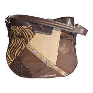 Gianni Versace Patchwork Δερμάτινη Τσάντα Ώμου με Pony Hair & Animal Print